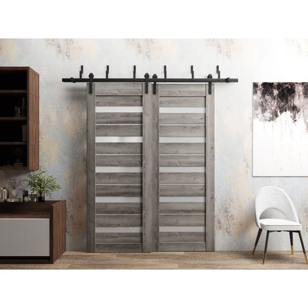 Sartodoors Sliding Closet Barn Bypass Doors 84 x 80in, Nebraska Grey W/ Frosted Glass, Sturdy 8ft Rails QUADRO4445BBB-NEB-84